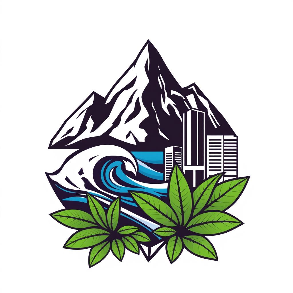 a creatively designed logo representing a unique blend of mountains, sea, tobacco plants, and urban buildings