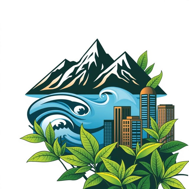 a creatively designed logo representing a unique blend of mountains, sea, tobacco plants, and urban buildings