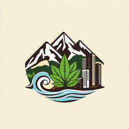 a creatively designed logo representing a unique blend of mountains, sea, tobacco plants, and urban buildings