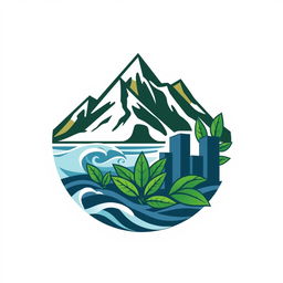 a creatively designed logo representing a unique blend of mountains, sea, tobacco plants, and urban buildings