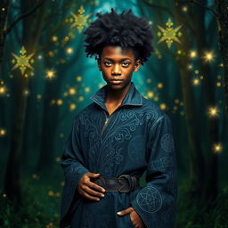 a charismatic teenage magician with dark skin, an impressive afro, and striking green eyes, wearing an enchanting, slightly gothic style full-length robe adorned with intricate mystical patterns and symbols