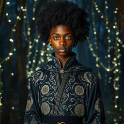 a charismatic teenage magician with dark skin, an impressive afro, and striking green eyes, wearing an enchanting, slightly gothic style full-length robe adorned with intricate mystical patterns and symbols