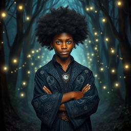 a charismatic teenage magician with dark skin, an impressive afro, and striking green eyes, wearing an enchanting, slightly gothic style full-length robe adorned with intricate mystical patterns and symbols