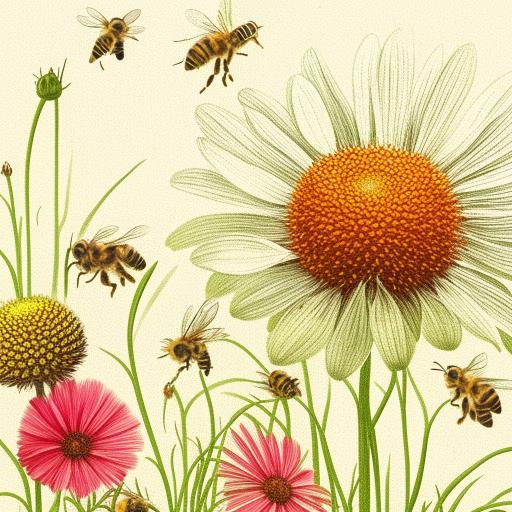 Detailed illustration of pollination featuring vibrant flowers, busy bees collecting pollen, and a soft breeze dispersing pollen in the air.