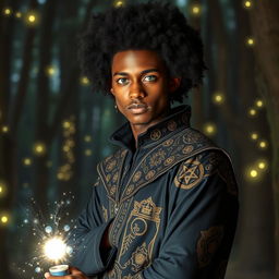 a charismatic young adult magician with dark skin, an impressive afro, and striking green eyes