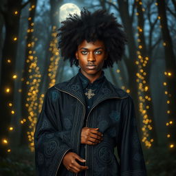 a charismatic young adult magician with dark skin, an impressive afro, and striking green eyes