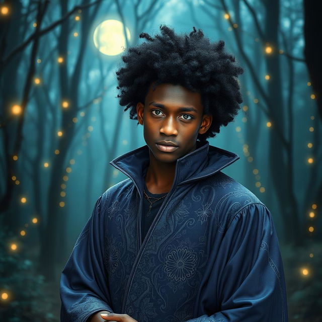 a charismatic young adult magician with dark skin, an impressive afro, and striking green eyes