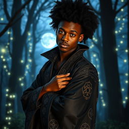 a charismatic young adult magician with dark skin, an impressive afro, and striking green eyes