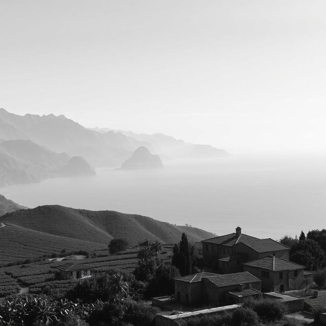 A monochrome landscape featuring grand mountains overlooking a vast sea with scattered tobacco fields at the foothills