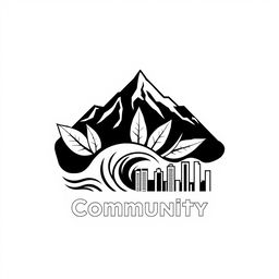 A monochrome logo design featuring a harmonious blend of mountains, sea waves, tobacco leaves, and city buildings