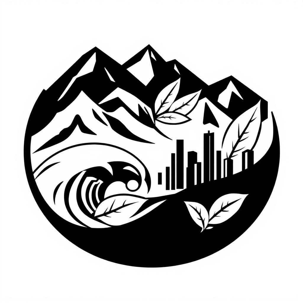 A monochrome logo design featuring a harmonious blend of mountains, sea waves, tobacco leaves, and city buildings