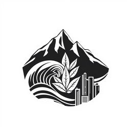 A monochrome logo design featuring a harmonious blend of mountains, sea waves, tobacco leaves, and city buildings