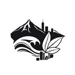 A monochrome logo design featuring a harmonious blend of mountains, sea waves, tobacco leaves, and city buildings