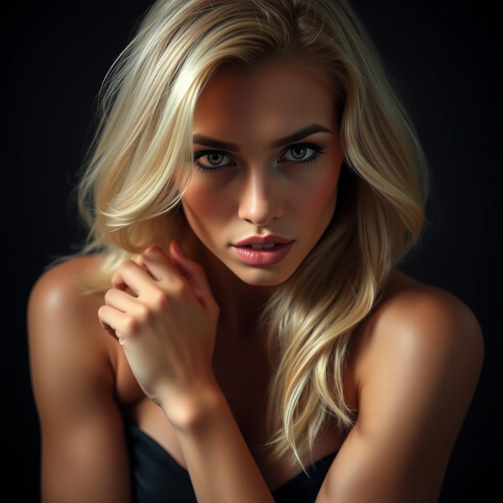 A sexy woman with blonde hair, shown in a provocative and suggestive manner, emphasizing her beauty and allure