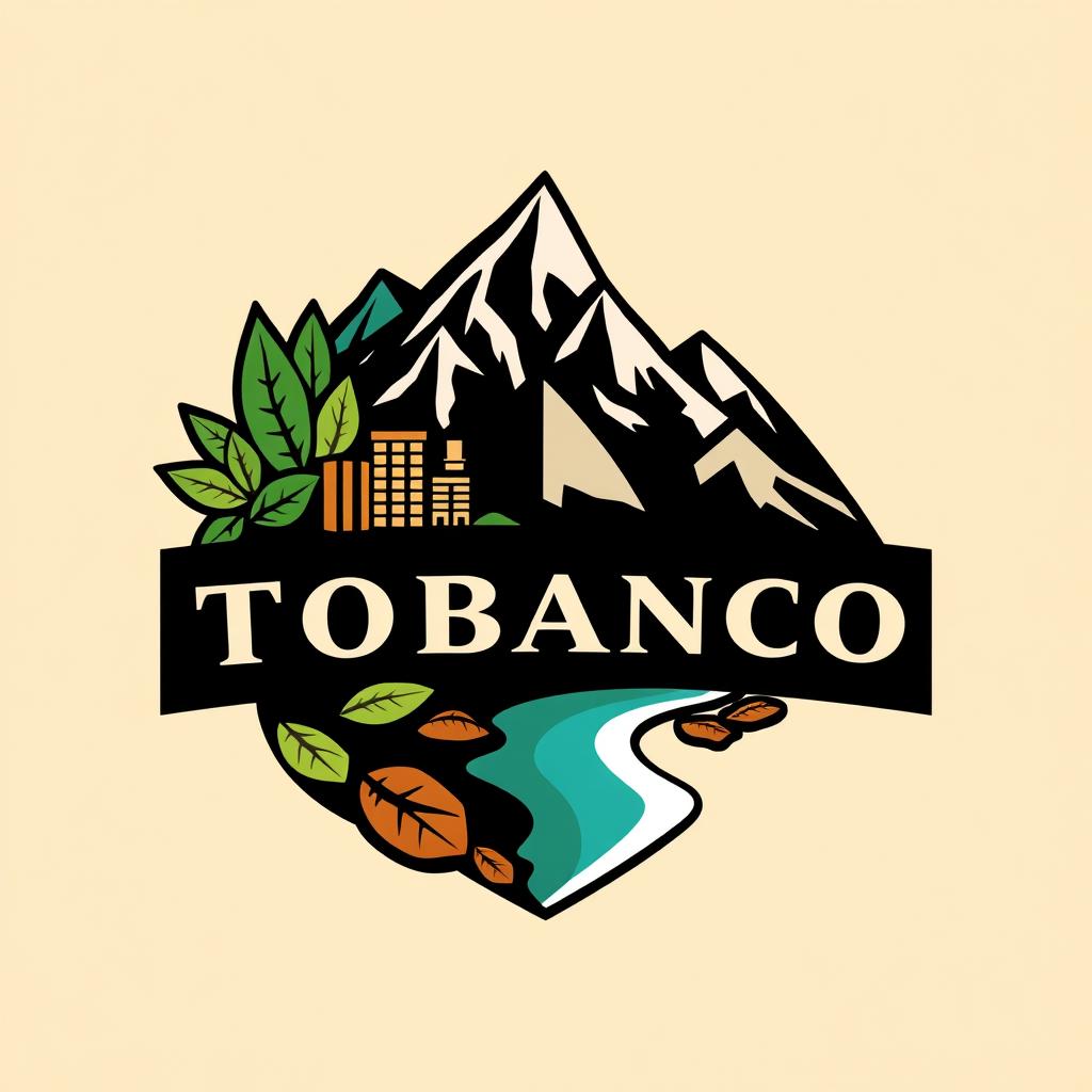 A logo design representing an Islamic student community, featuring elements of tobacco, urban landscapes, mountains, and beaches