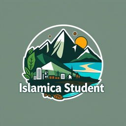 A logo design representing an Islamic student community, featuring elements of tobacco, urban landscapes, mountains, and beaches