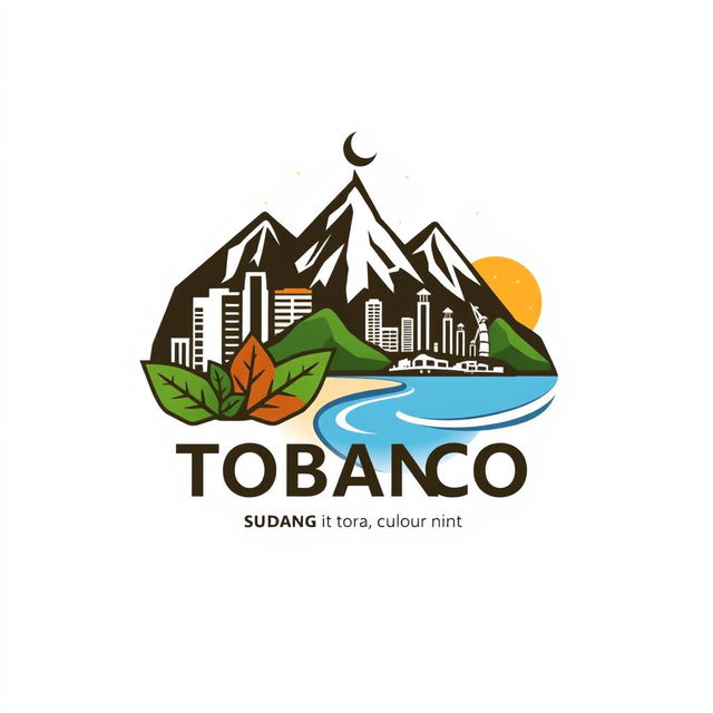 A logo design representing an Islamic student community, featuring elements of tobacco, urban landscapes, mountains, and beaches