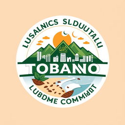 A logo design representing an Islamic student community, featuring elements of tobacco, urban landscapes, mountains, and beaches