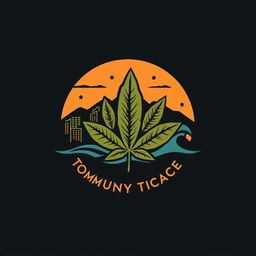 A logo design representing a community theme that seamlessly blends elements of tobacco, urban environments, mountains, beaches, and embodying a sense of struggle, all coming together in a harmonious balance