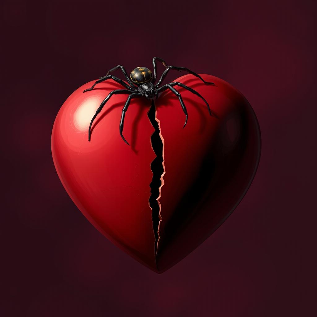 A 2D illustration of a single spider climbing on a heart that symbolizes broken love