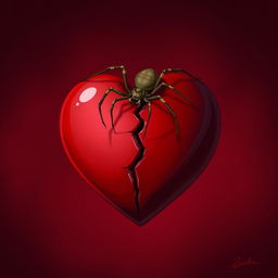 A 2D illustration of a single spider climbing on a heart that symbolizes broken love