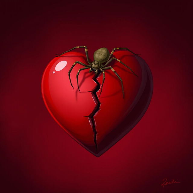 A 2D illustration of a single spider climbing on a heart that symbolizes broken love