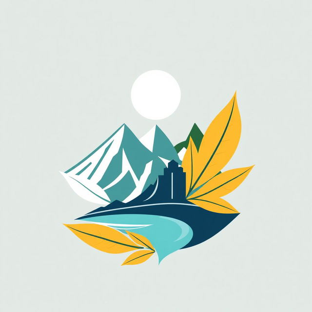 A creative and abstract logo design that integrates elements of mountains, beach, and an urban skyline, with tobacco leaves intertwined and a moon as a centerpiece