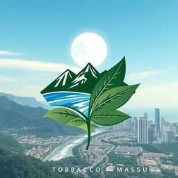 A creative and abstract logo design that integrates elements of mountains, beach, and an urban skyline, with tobacco leaves intertwined and a moon as a centerpiece