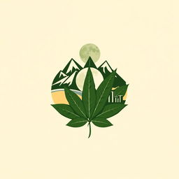 A creative and abstract logo design that integrates elements of mountains, beach, and an urban skyline, with tobacco leaves intertwined and a moon as a centerpiece