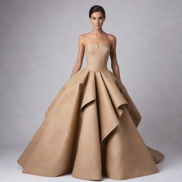 Illustrate a step-by-step guide showing the creation of a simple, elegant gown using recycled carton materials. The guide should easily explain the process, transforming everyday recyclables into a stunning, eco-friendly fashion piece.