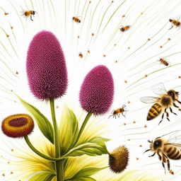 Detailed illustration of pollination featuring vibrant flowers, busy bees collecting pollen, and a soft breeze dispersing pollen in the air.