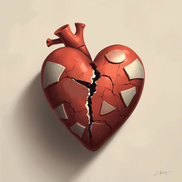 A 2D illustration representing broken love featuring a heart that has been shattered and is being held together with pieces of plaster