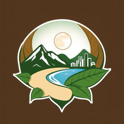 A creative and abstract logo design that features mountains, a beach, and an urban skyline, set against a background of intertwined tobacco leaves with a moon at the center