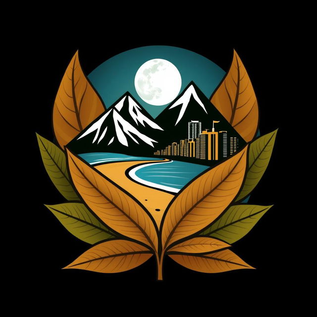 A creative and abstract logo design that features mountains, a beach, and an urban skyline, set against a background of intertwined tobacco leaves with a moon at the center