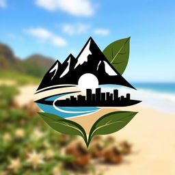 A creative and abstract logo design that features mountains, a beach, and an urban skyline, set against a background of intertwined tobacco leaves with a moon at the center