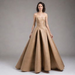 Illustrate a step-by-step guide showing the creation of a simple, elegant gown using recycled carton materials. The guide should easily explain the process, transforming everyday recyclables into a stunning, eco-friendly fashion piece.