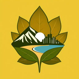 A creative and abstract logo design that features mountains, a beach, and an urban skyline, set against a background of intertwined tobacco leaves with a moon at the center