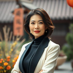 A stunning Chinese woman aged between 45 and 50 with an elegant and attractive appearance