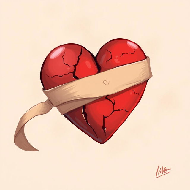 A 2D illustration depicting the concept of broken love, featuring a heart symbol that has cracks and is held together by a large bandage