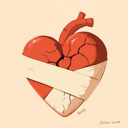 A 2D illustration depicting the concept of broken love, featuring a heart symbol that has cracks and is held together by a large bandage