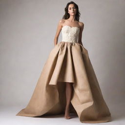 Illustrate a step-by-step guide showing the creation of a simple, elegant gown using recycled carton materials. The guide should easily explain the process, transforming everyday recyclables into a stunning, eco-friendly fashion piece.