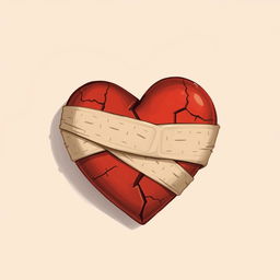 A 2D illustration depicting the concept of broken love, featuring a heart symbol that has cracks and is held together by a large bandage