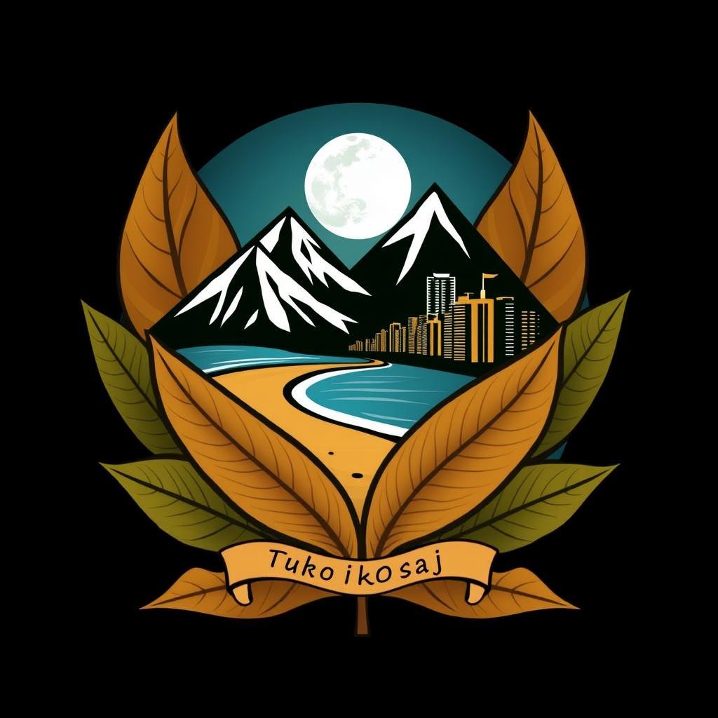 A creative and abstract logo design that features mountains and a beach leading to an urban skyline, all encompassed by large, realistic tobacco leaves