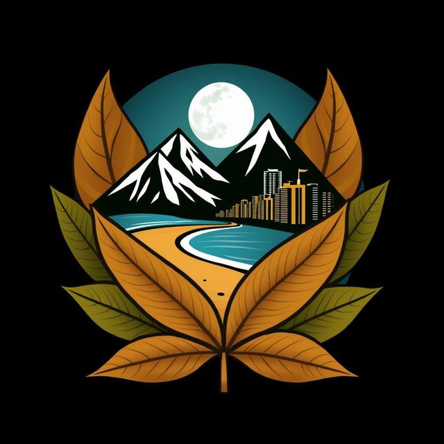 An abstract logo design featuring mountains and a beach leading to an urban skyline, all encompassed by large, vibrant tobacco leaves