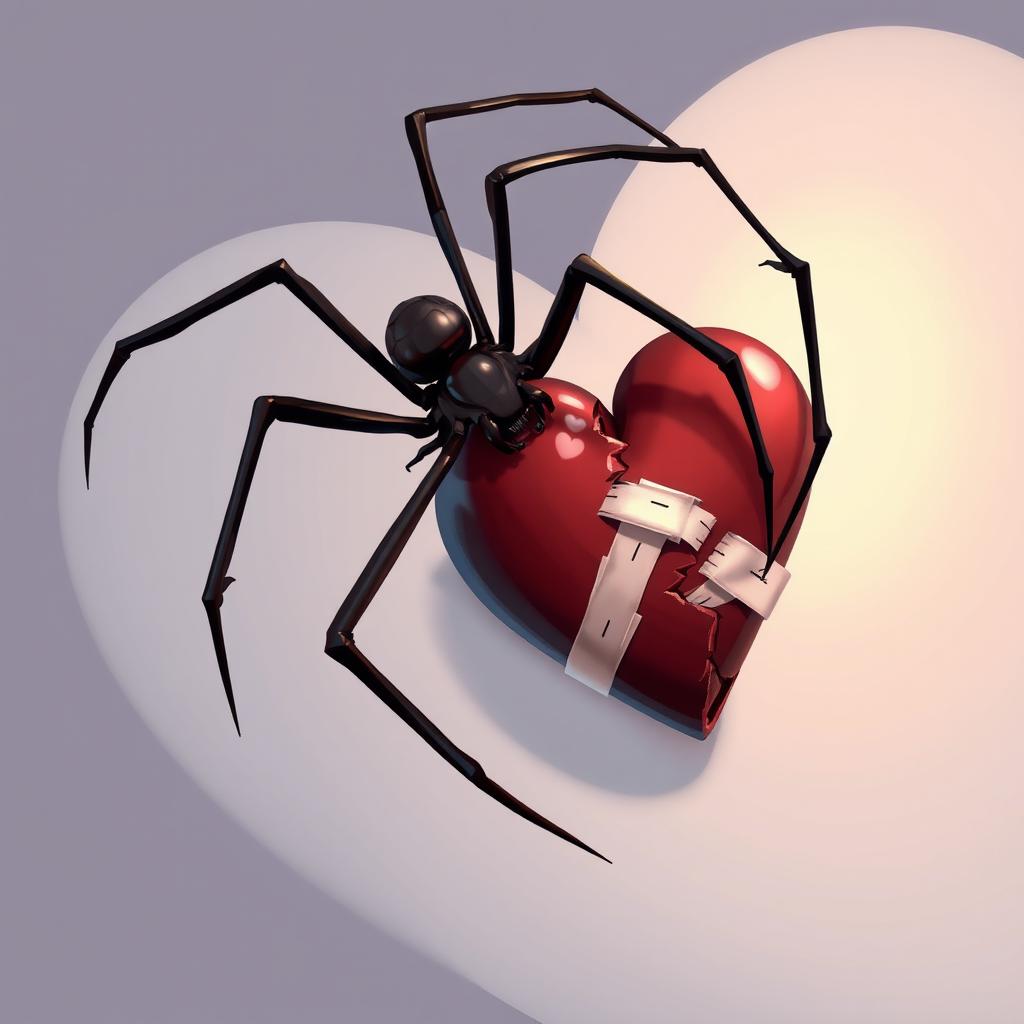 A 2D illustration of a long-legged black spider climbing over a broken heart symbol