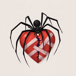 A 2D illustration of a long-legged black spider climbing over a broken heart symbol