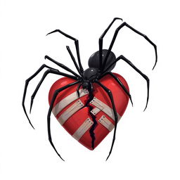 A 2D illustration of a long-legged black spider climbing over a broken heart symbol