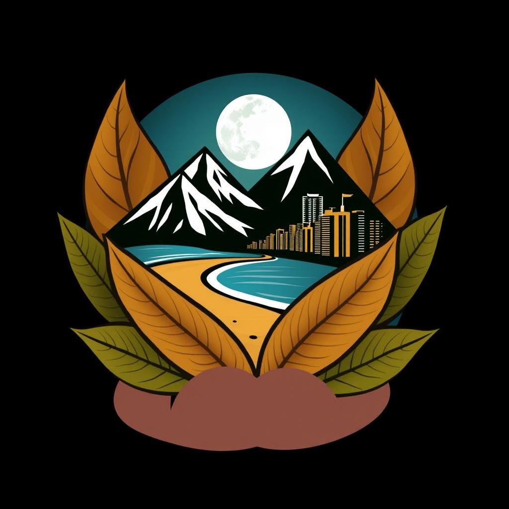 A creative and abstract logo design featuring a scene with mountains, a beach, and an urban skyline, all enclosed by large, detailed tobacco leaves