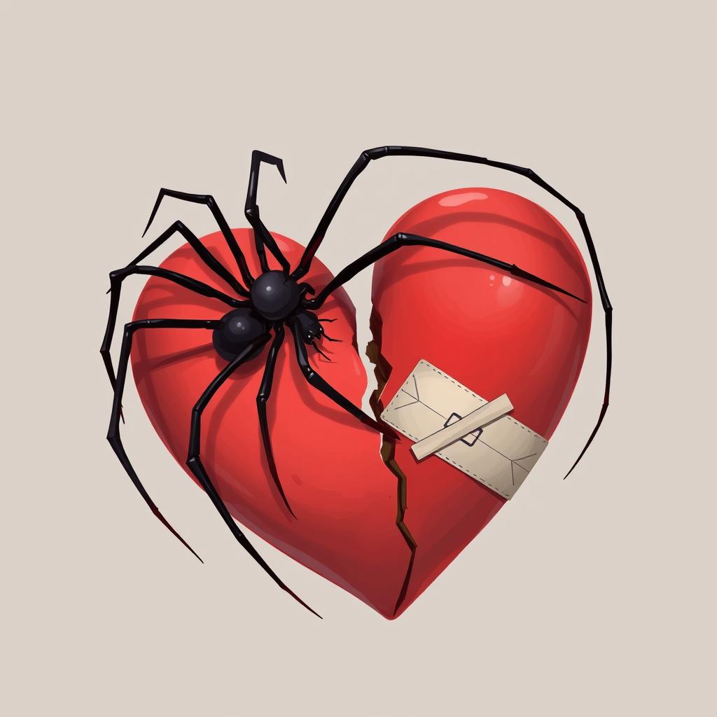 A 2D illustration of a long-legged black spider gracefully climbing over a large broken heart symbol