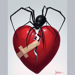 A 2D illustration of a long-legged black spider gracefully climbing over a large broken heart symbol